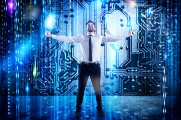 Businessman standing in front of digital computing concept